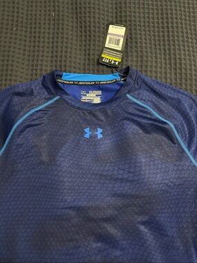 Under Armour Men’s Compression Navy Blue Swim Rash Guard with Light Blue Accents
